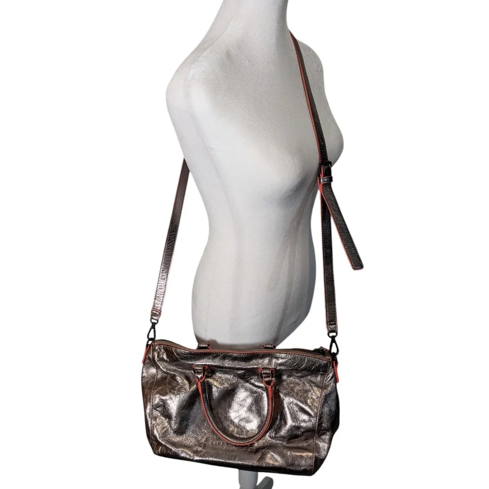 Liebeskind Berlin Metallic Bronze Leather Satchel Bag Neon Orange Trim Crossbody